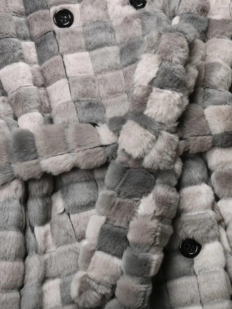 Pre Order:  Grey Checkered Faux Fur Coat