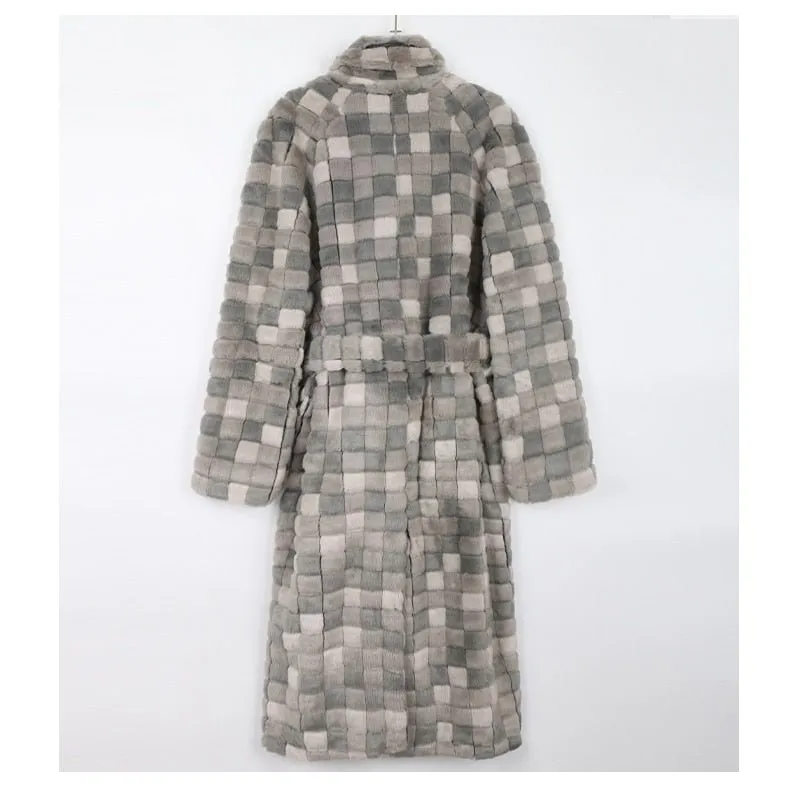 Pre Order:  Grey Checkered Faux Fur Coat