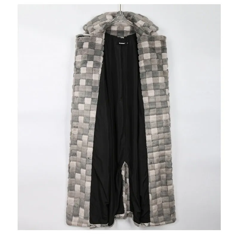 Pre Order:  Grey Checkered Faux Fur Coat