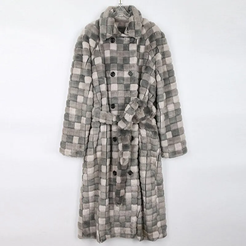 Pre Order:  Grey Checkered Faux Fur Coat