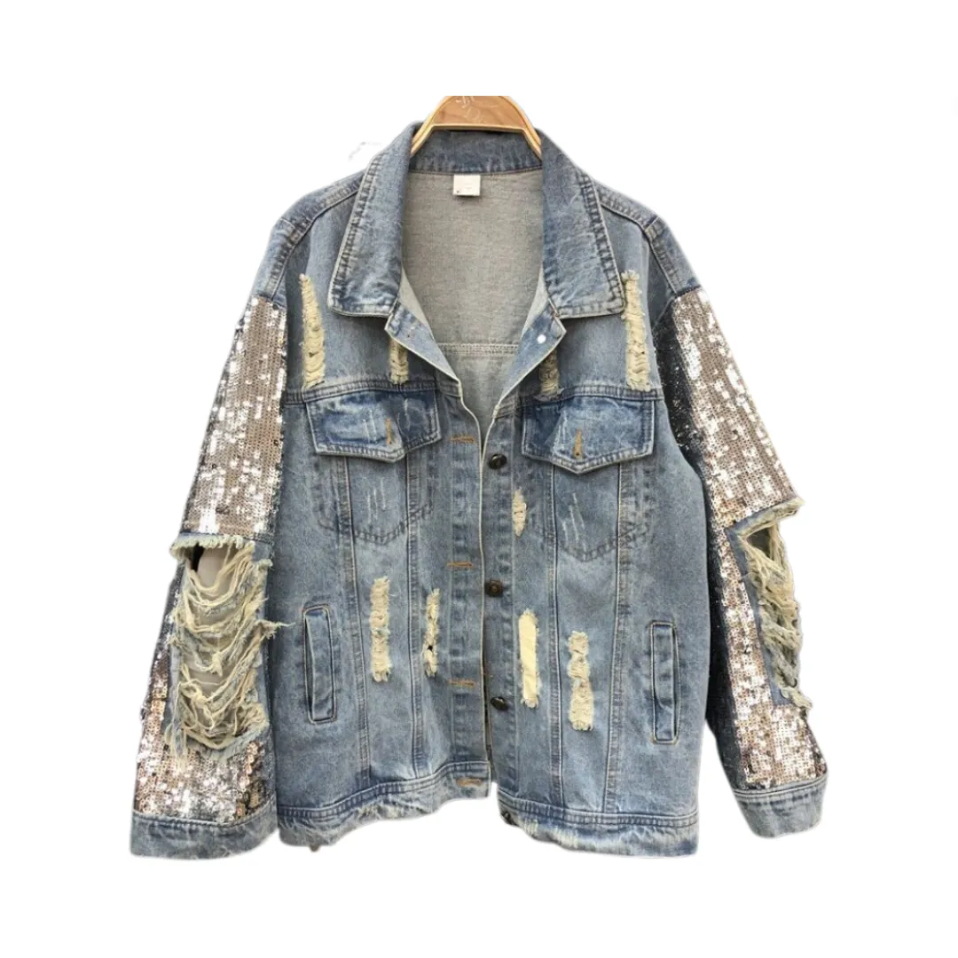 Pre Order: Sequined Loose Distressed Denim Jacket