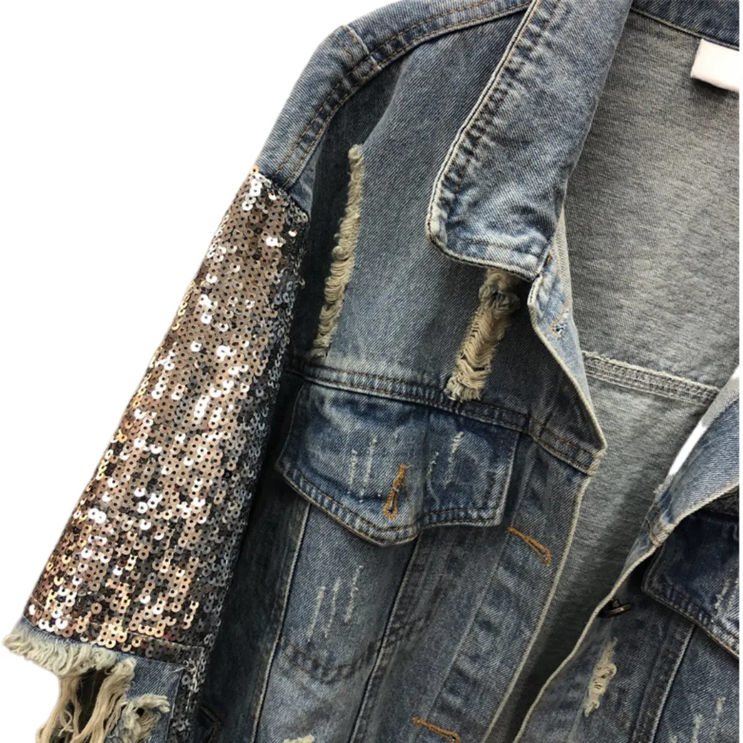 Pre Order: Sequined Loose Distressed Denim Jacket