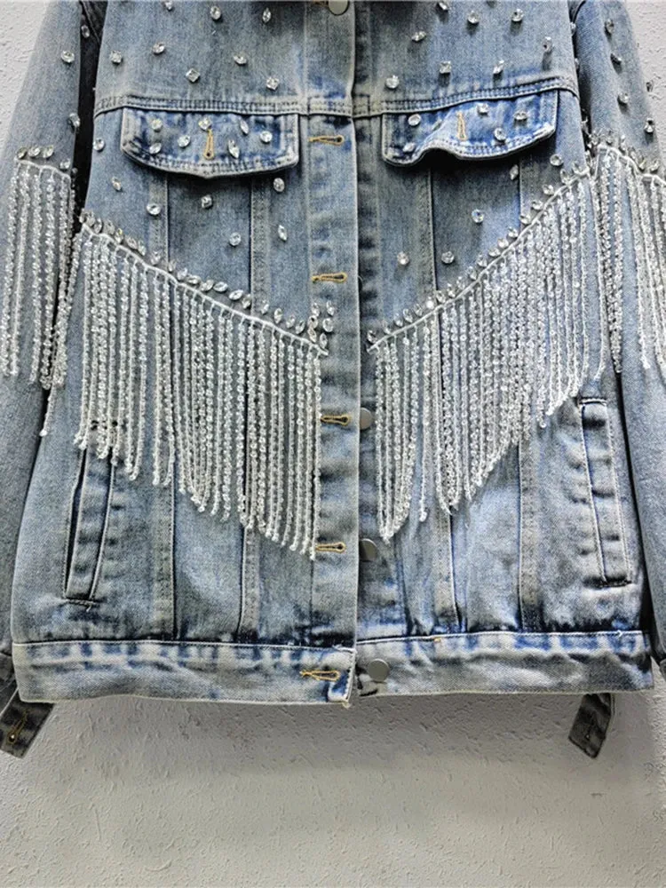 Pre Order:  Tassel Diamond Inlaid Short Denim Jacket