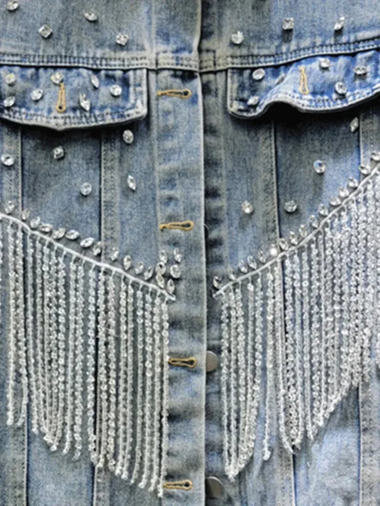 Pre Order:  Tassel Diamond Inlaid Short Denim Jacket