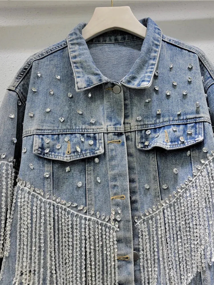 Pre Order:  Tassel Diamond Inlaid Short Denim Jacket