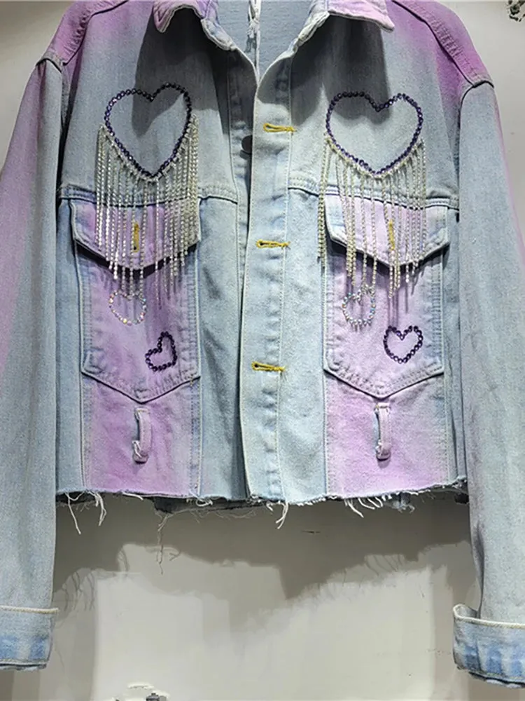 Pre Order:  Tassel Heart Diamond Purple Tie-Dye Single Breasted Jacket