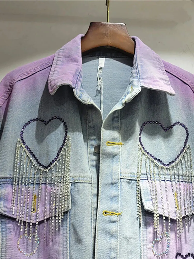 Pre Order:  Tassel Heart Diamond Purple Tie-Dye Single Breasted Jacket