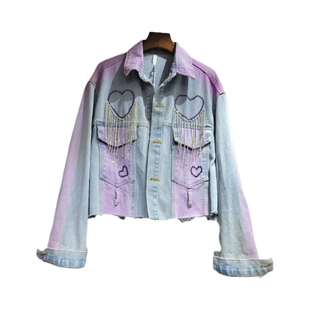 Pre Order:  Tassel Heart Diamond Purple Tie-Dye Single Breasted Jacket