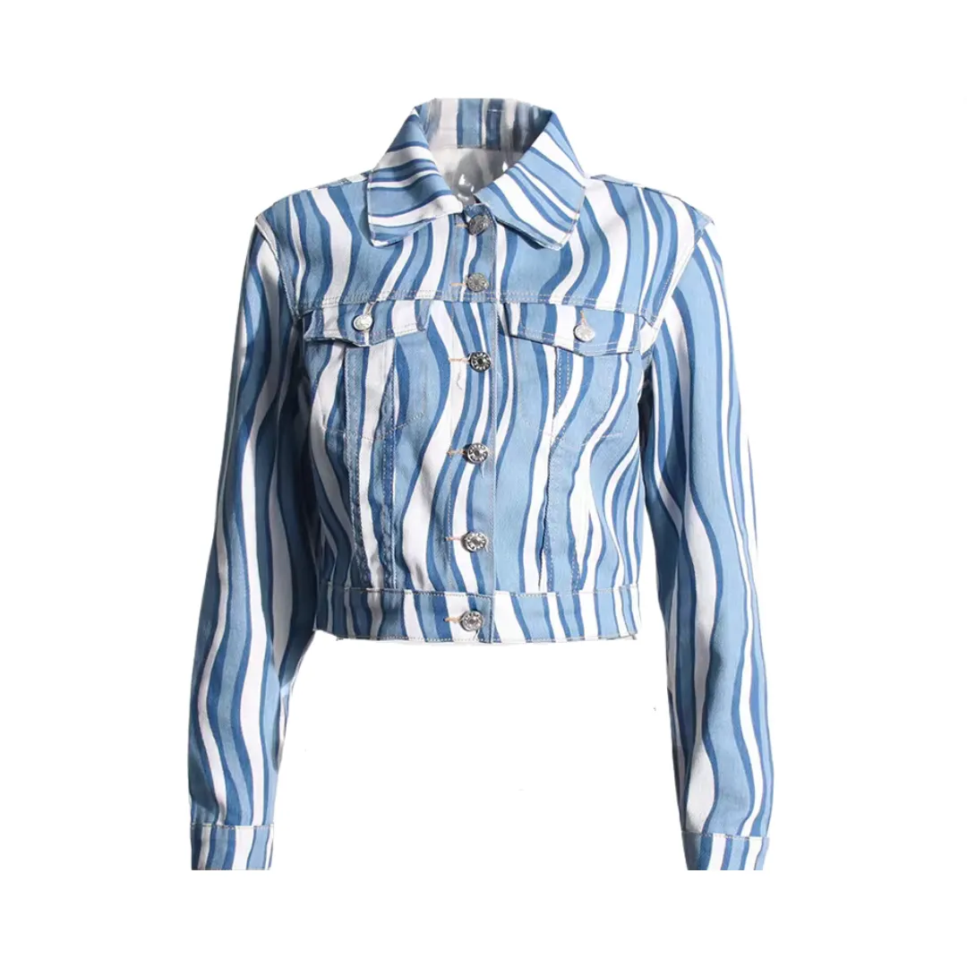 Pre Order:  Wave Striped Denim Short Jacket