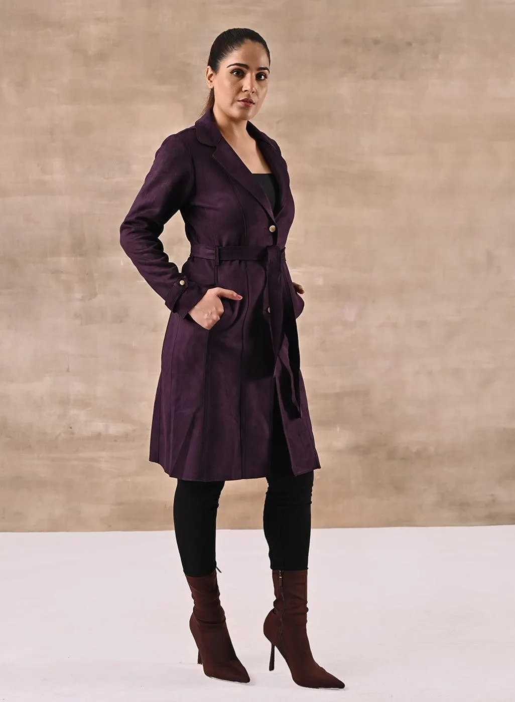 Purple Full Sleeve Tie Belt Trench Coat