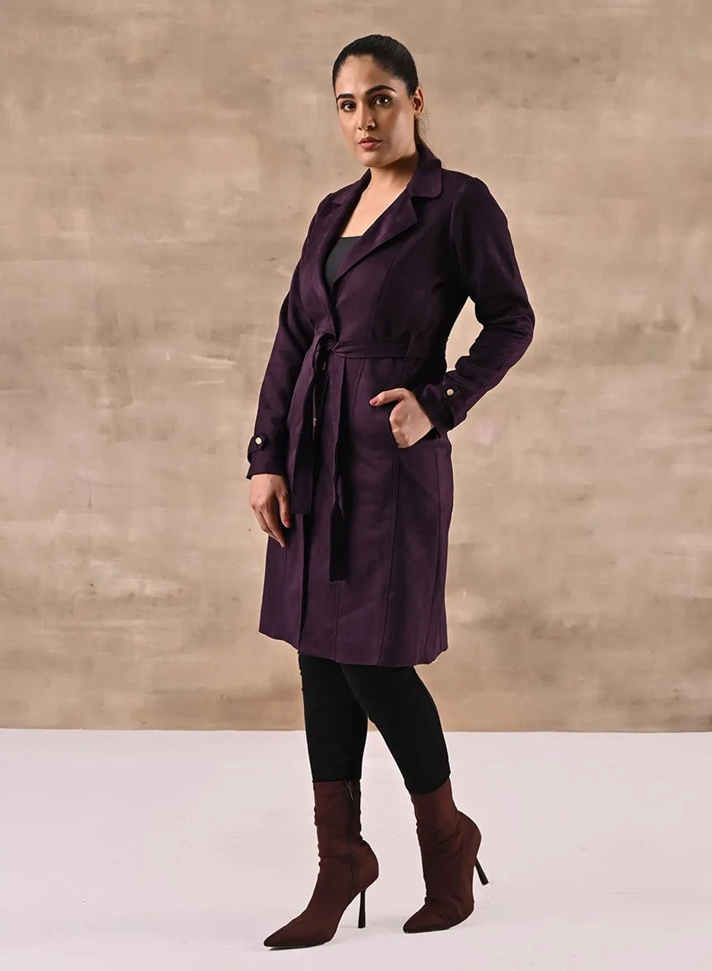 Purple Full Sleeve Tie Belt Trench Coat