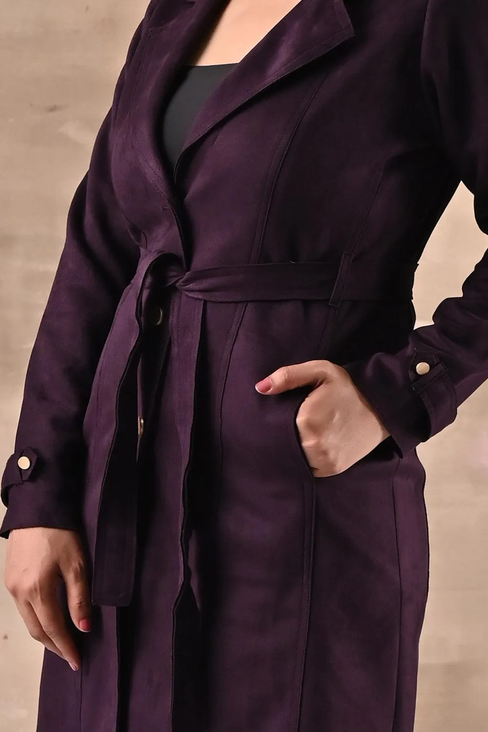 Purple Full Sleeve Tie Belt Trench Coat