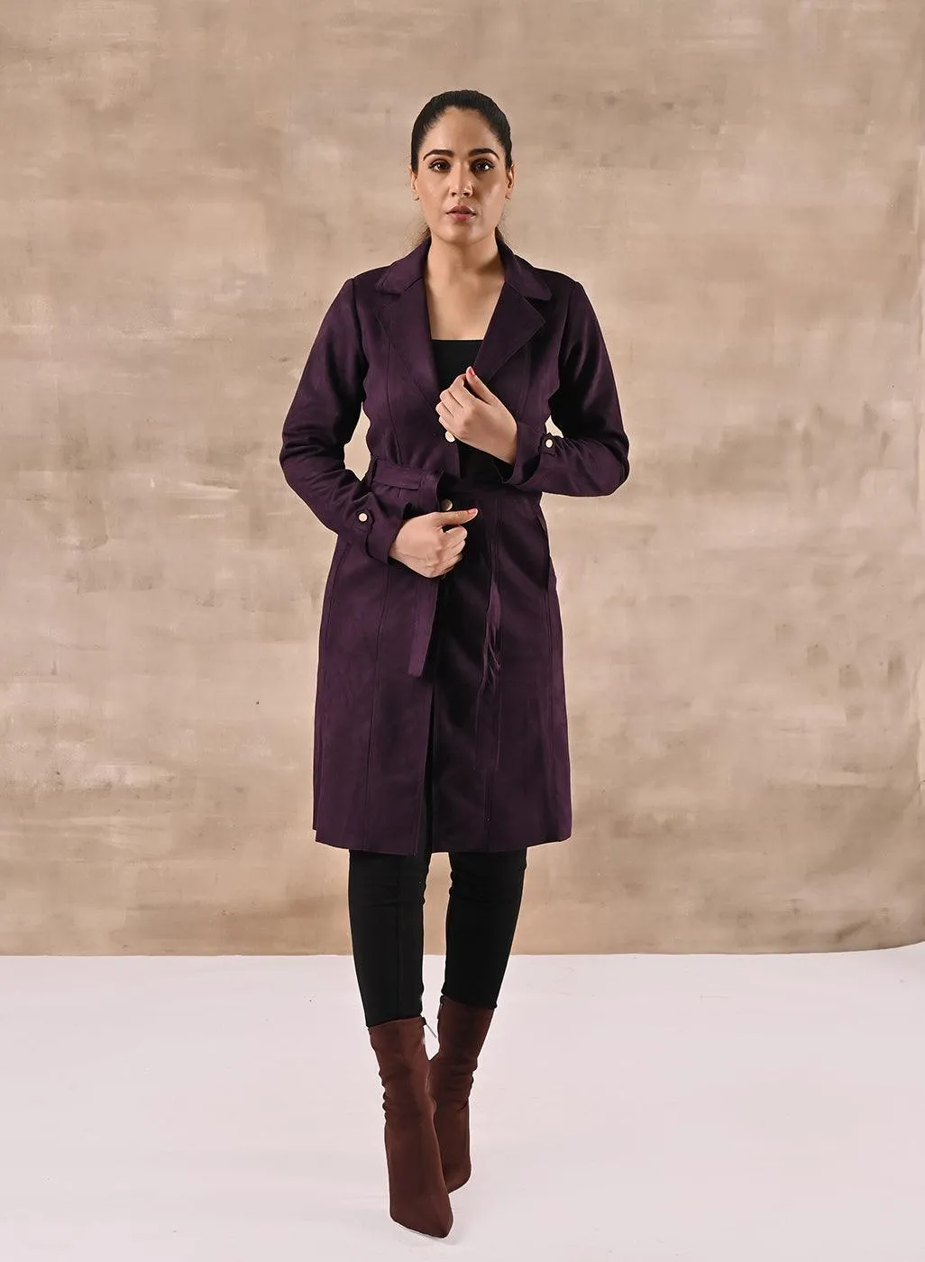 Purple Full Sleeve Tie Belt Trench Coat