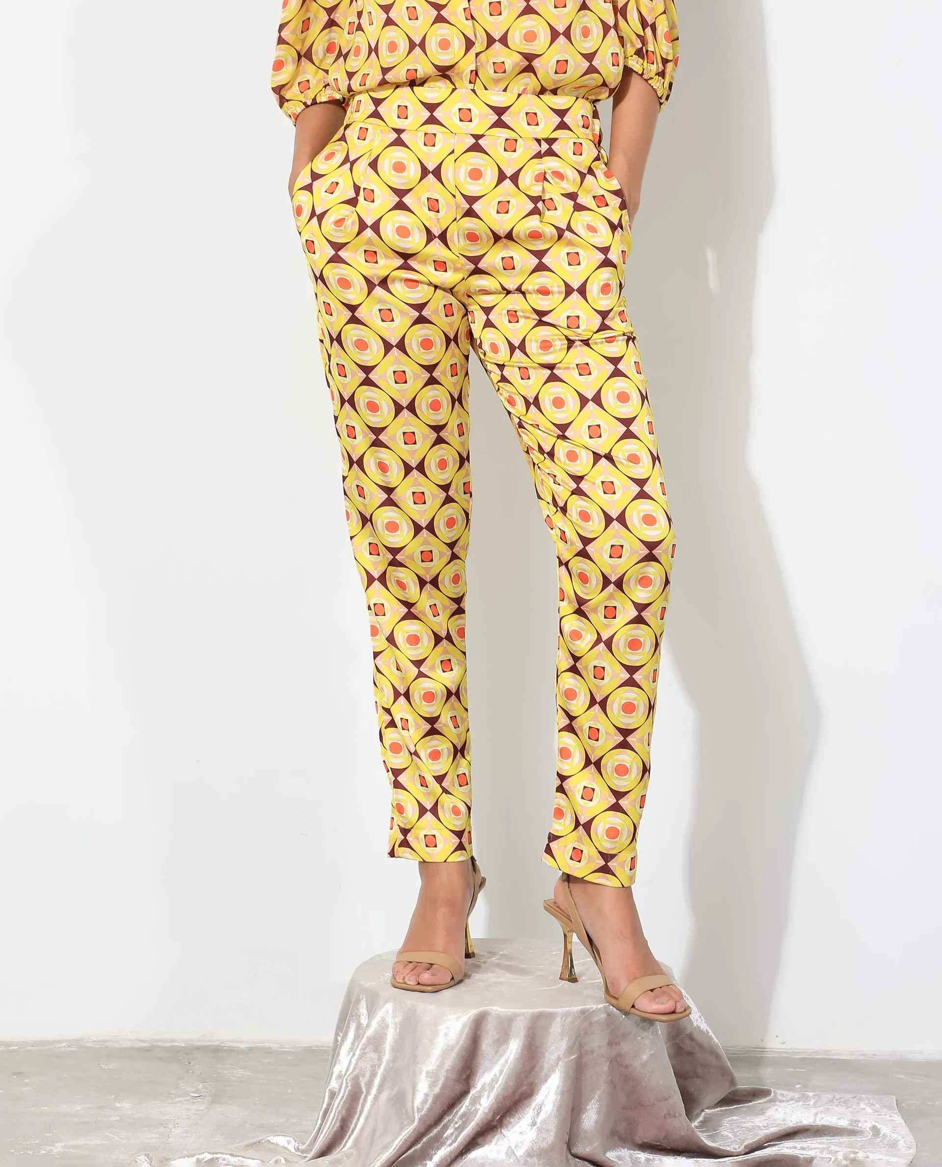 Rareism Women Robbie Yellow Polyester Fabric Regular Fit Geometric Print Ankle Length Trousers