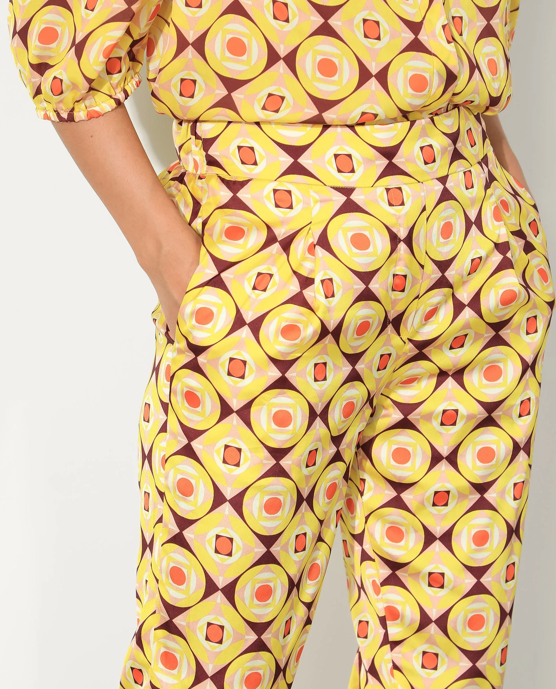 Rareism Women Robbie Yellow Polyester Fabric Regular Fit Geometric Print Ankle Length Trousers