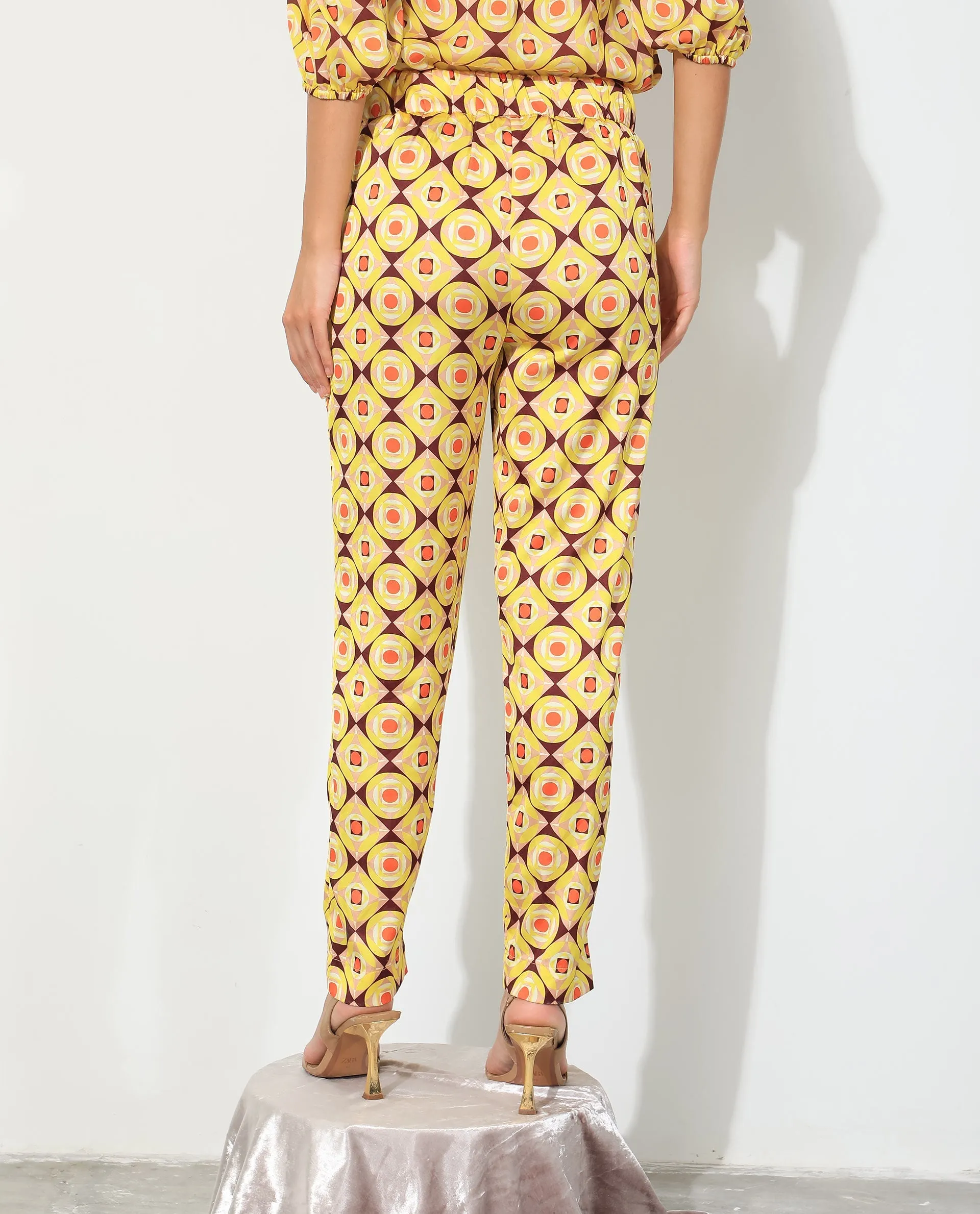 Rareism Women Robbie Yellow Polyester Fabric Regular Fit Geometric Print Ankle Length Trousers