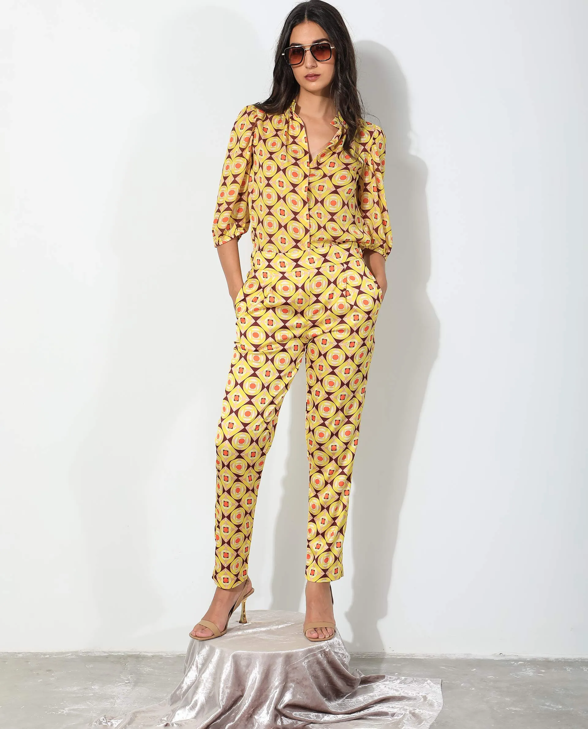 Rareism Women Robbie Yellow Polyester Fabric Regular Fit Geometric Print Ankle Length Trousers