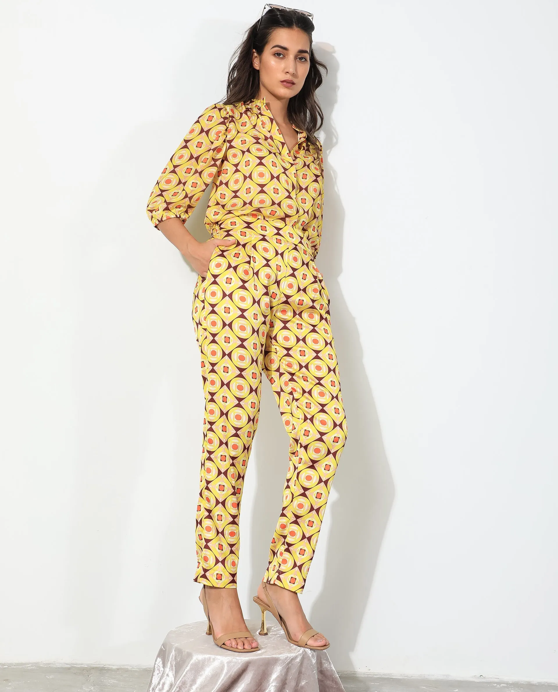 Rareism Women Robbie Yellow Polyester Fabric Regular Fit Geometric Print Ankle Length Trousers