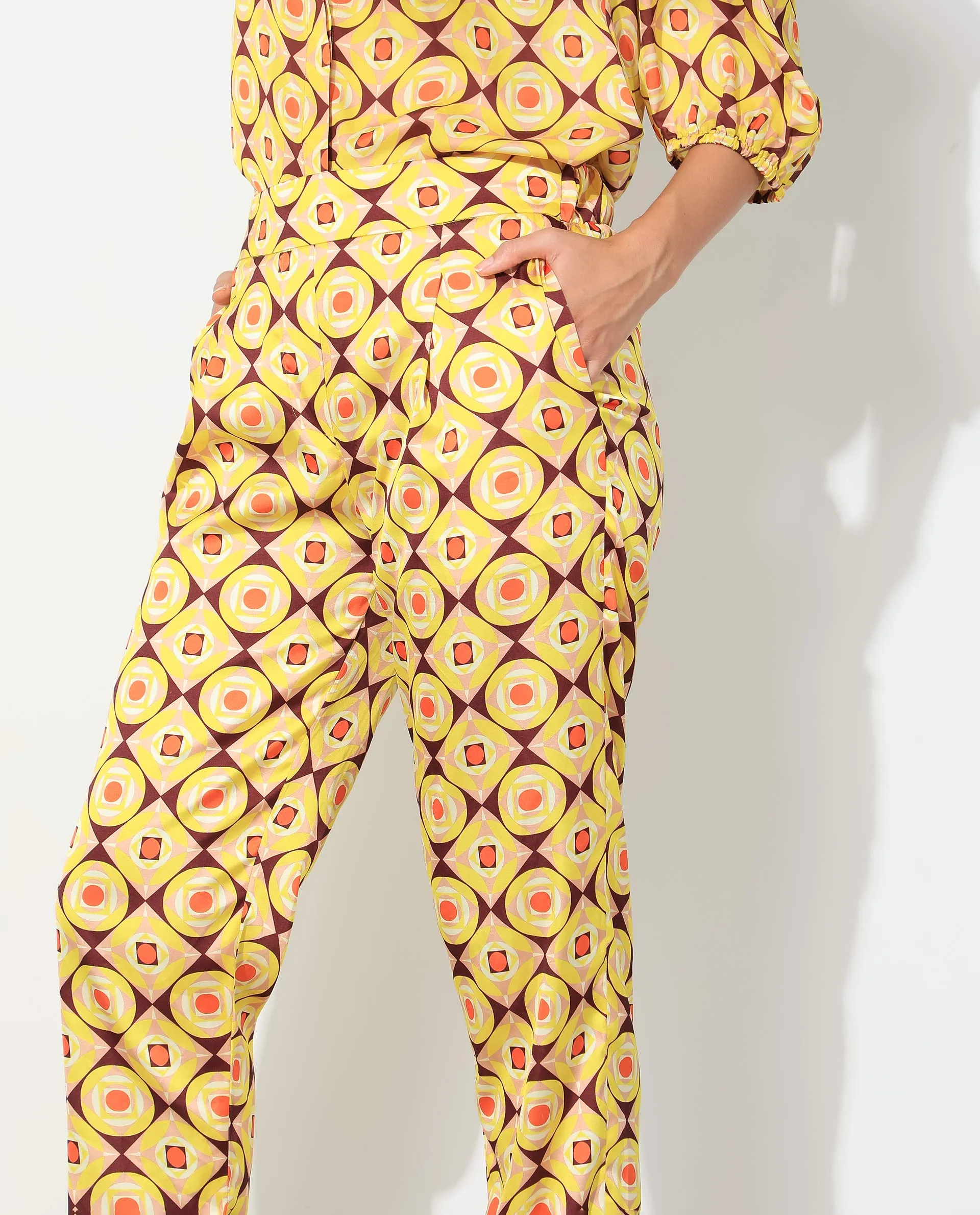 Rareism Women Robbie Yellow Polyester Fabric Regular Fit Geometric Print Ankle Length Trousers