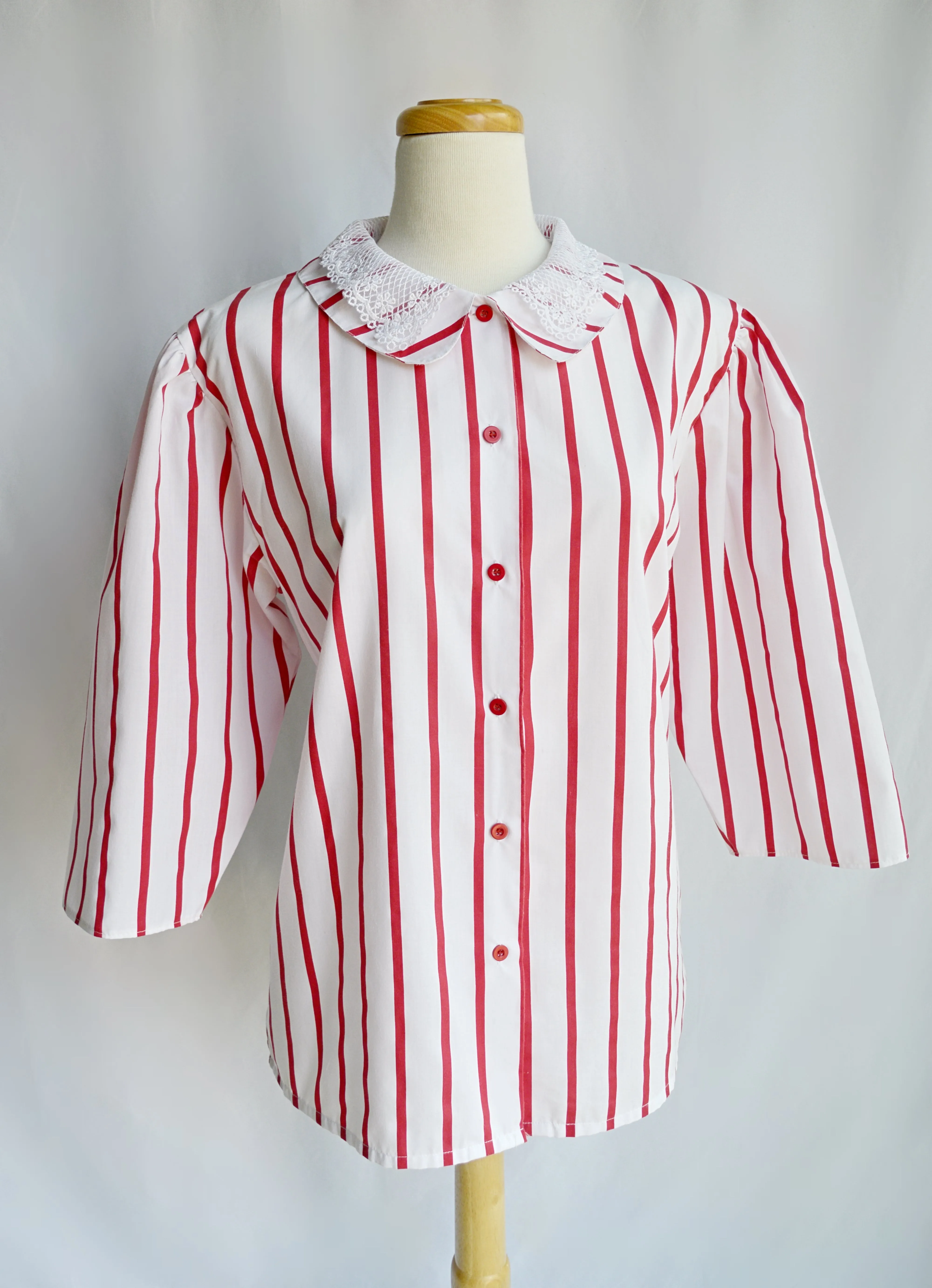 Red and White Striped Blouse with Lace Detailed Collar | Large