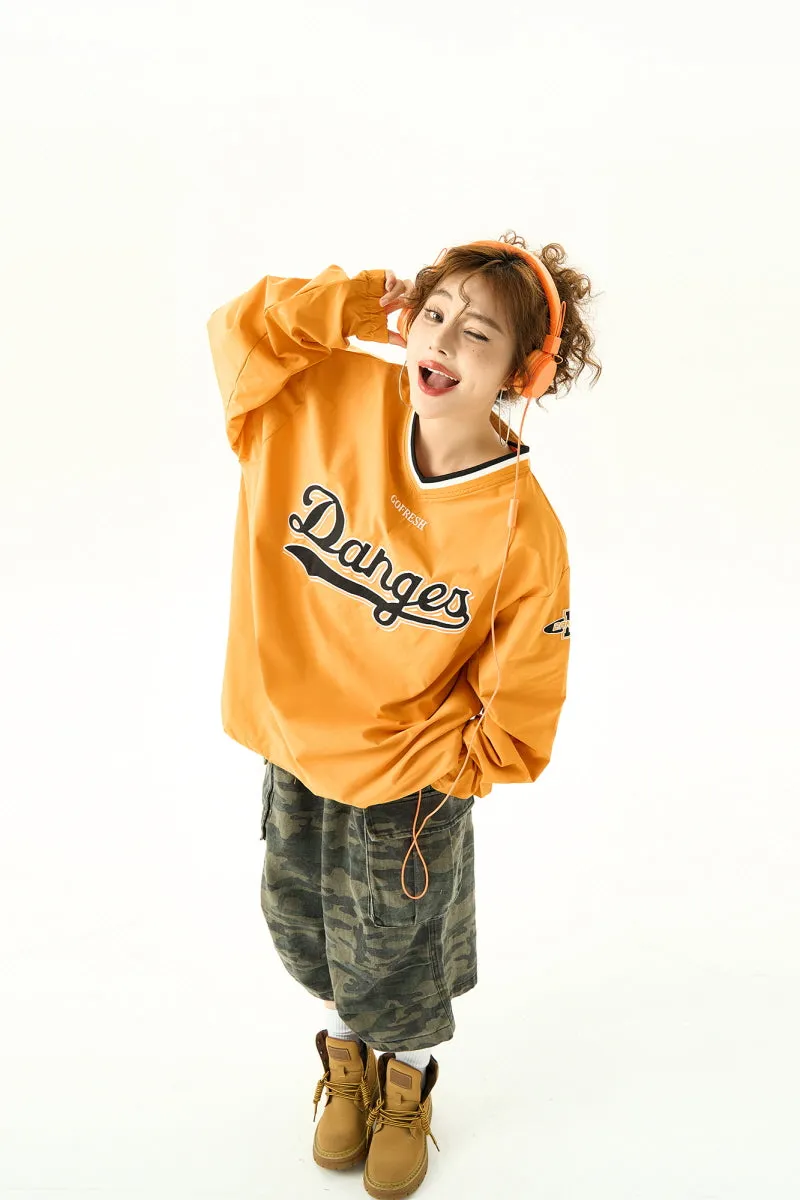 Retro V-Neck Jersey Sweatshirt Women's Loose Sports Jacket