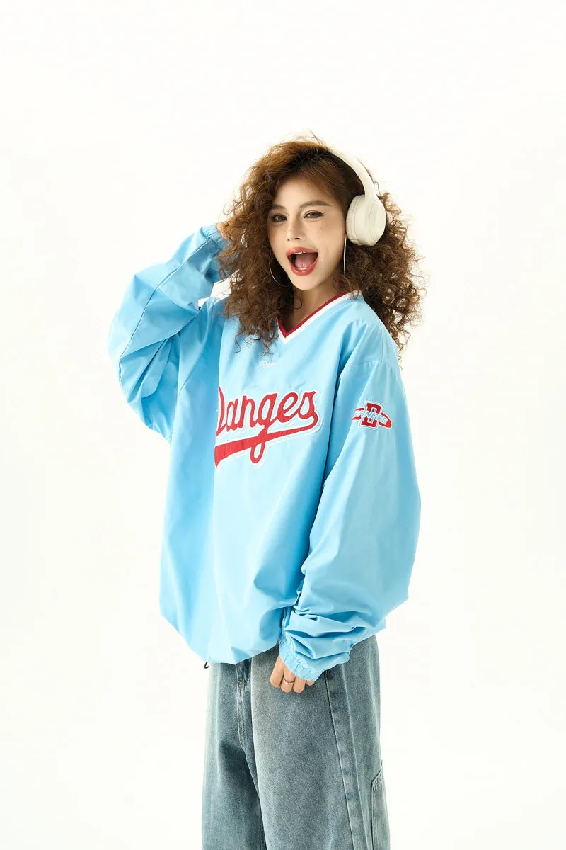 Retro V-Neck Jersey Sweatshirt Women's Loose Sports Jacket