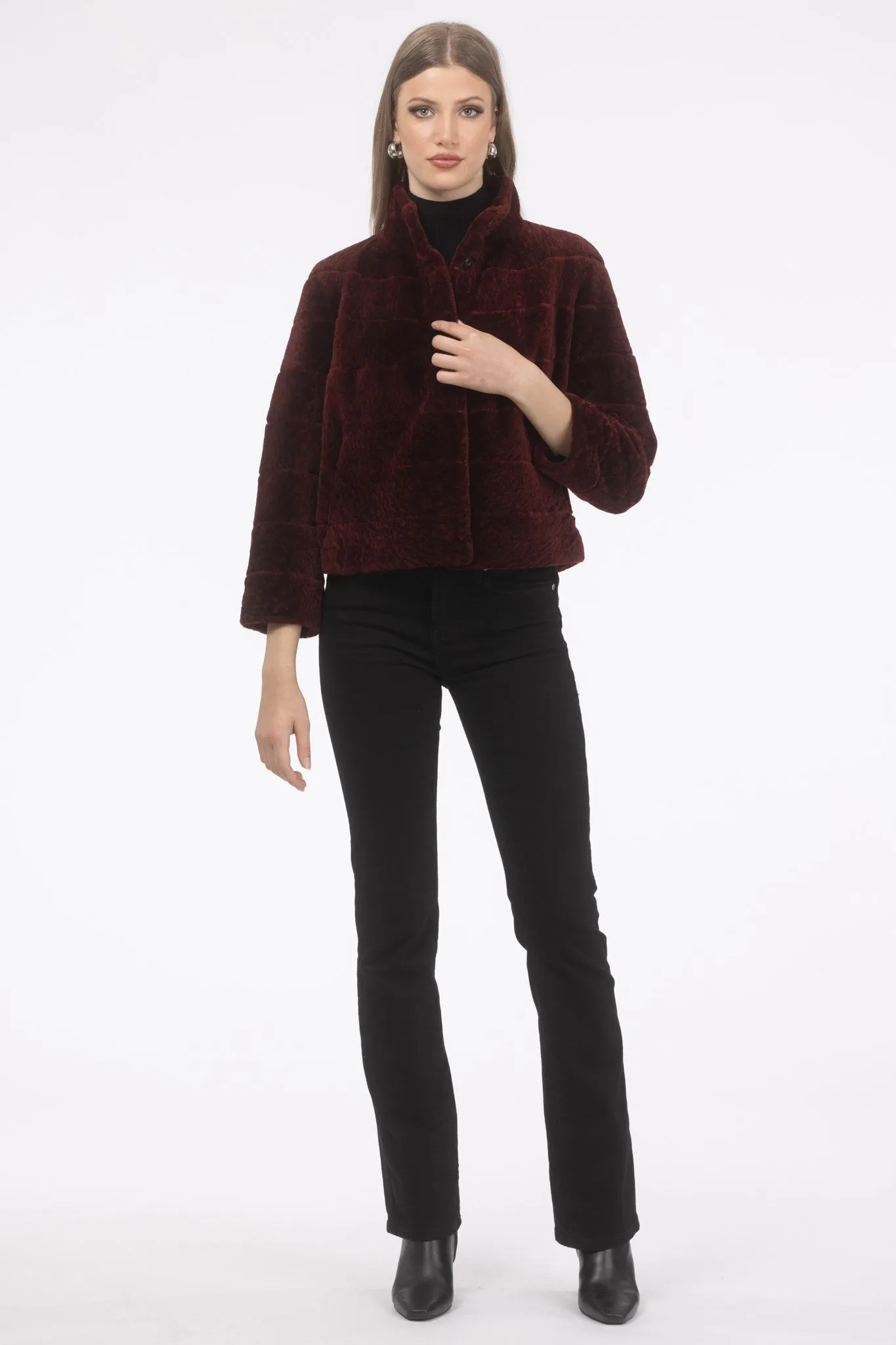 Reversible Textured Shearling Lamb Jacket with Cropped Sleeves