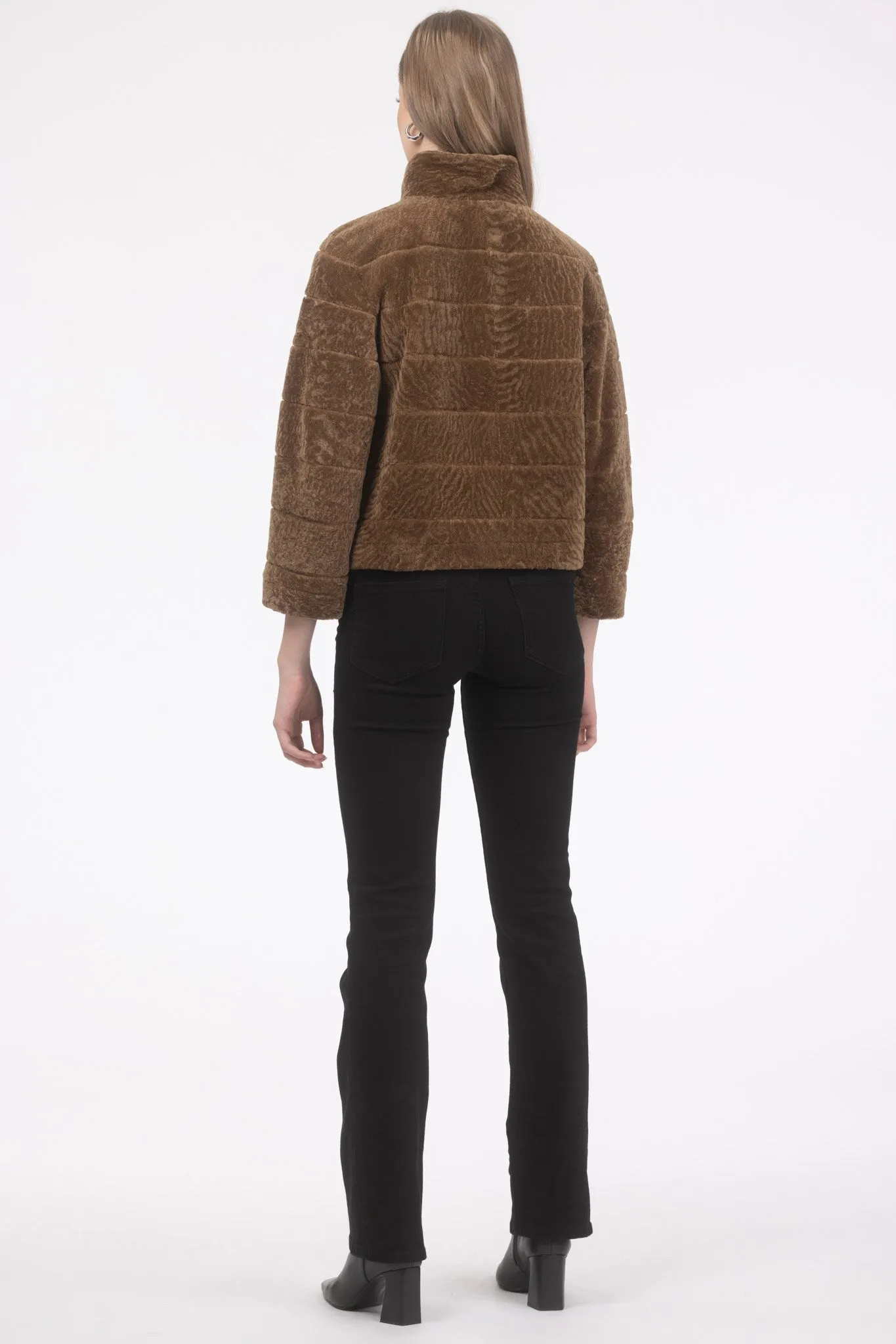 Reversible Textured Shearling Lamb Jacket with Cropped Sleeves