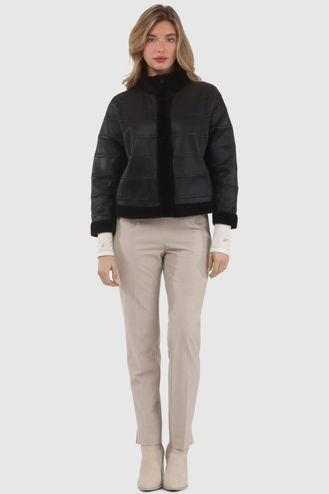 Reversible Textured Shearling Lamb Jacket with Cropped Sleeves