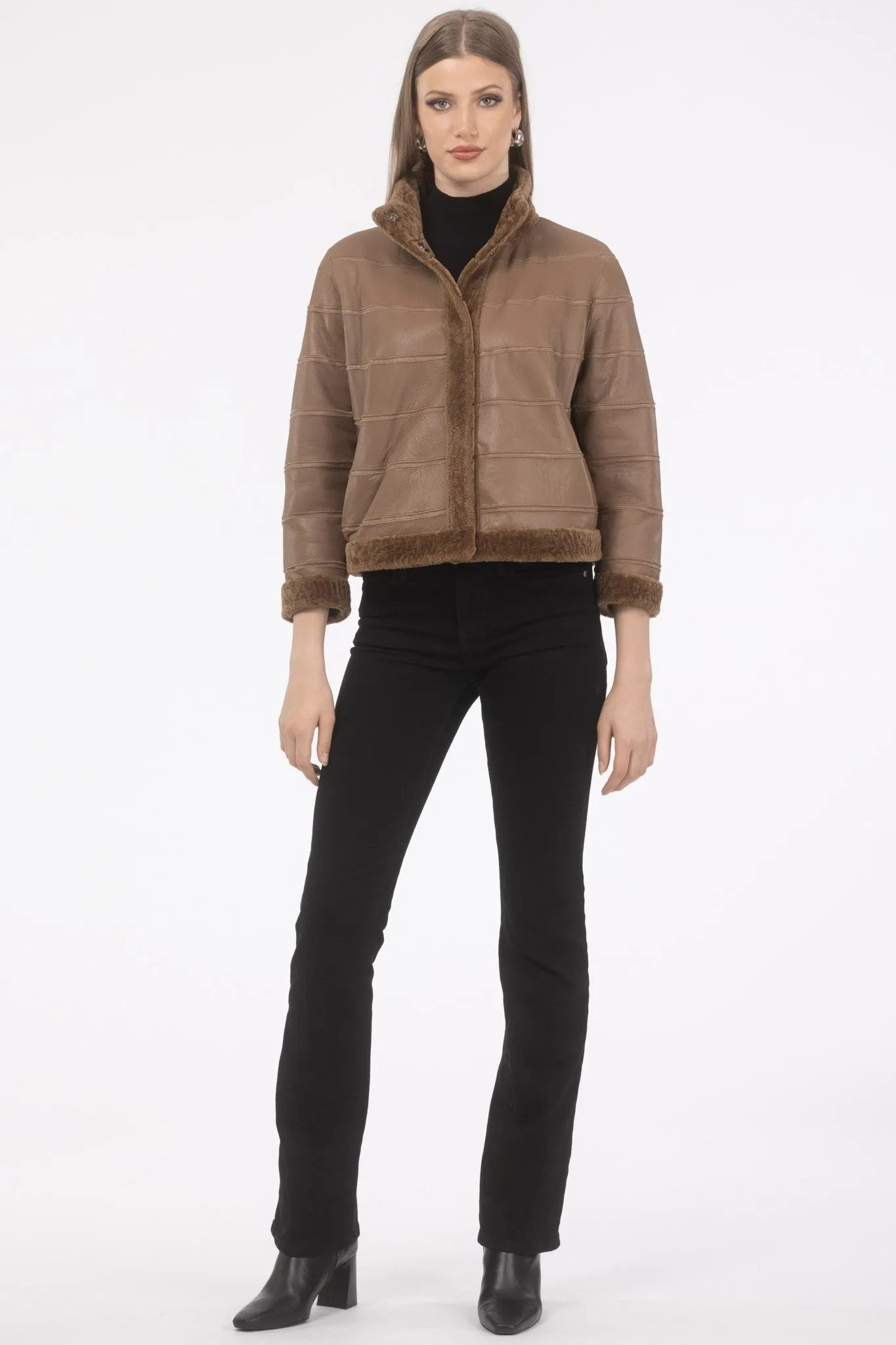 Reversible Textured Shearling Lamb Jacket with Cropped Sleeves