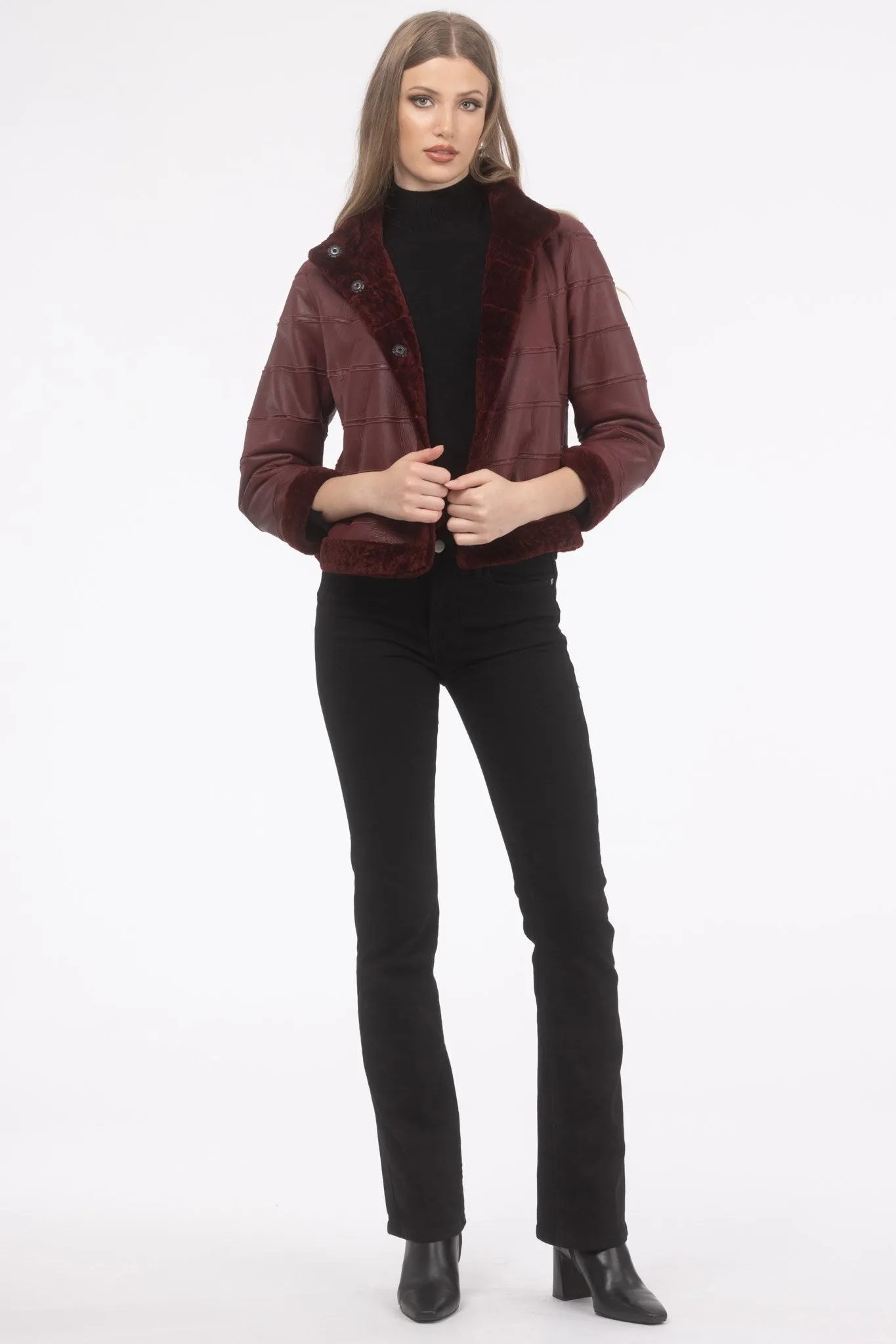 Reversible Textured Shearling Lamb Jacket with Cropped Sleeves