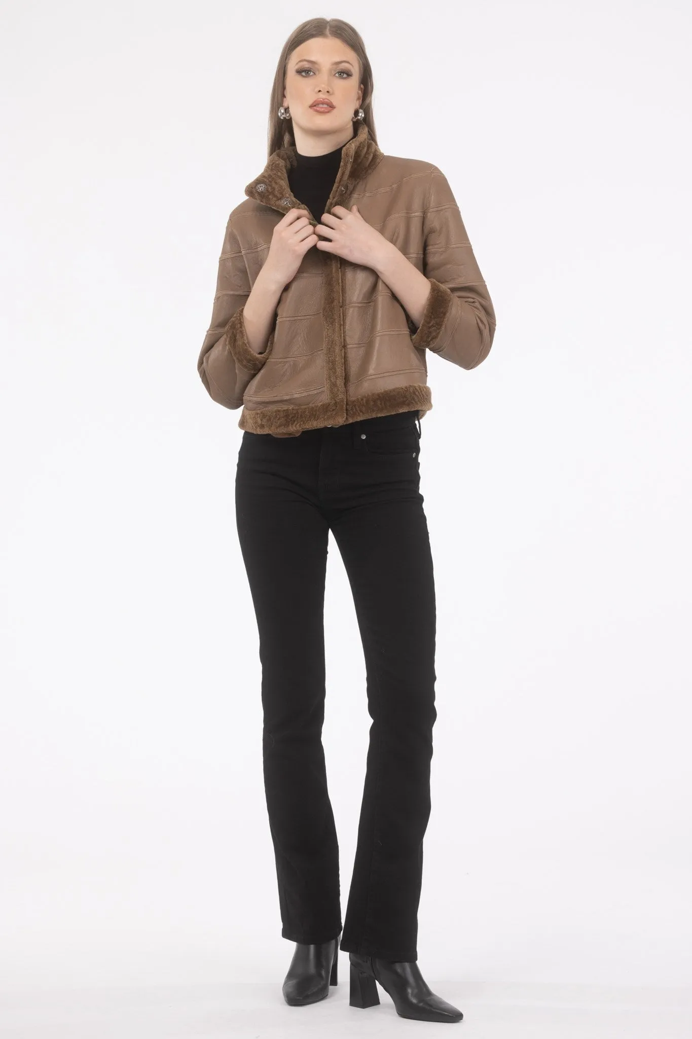 Reversible Textured Shearling Lamb Jacket with Cropped Sleeves