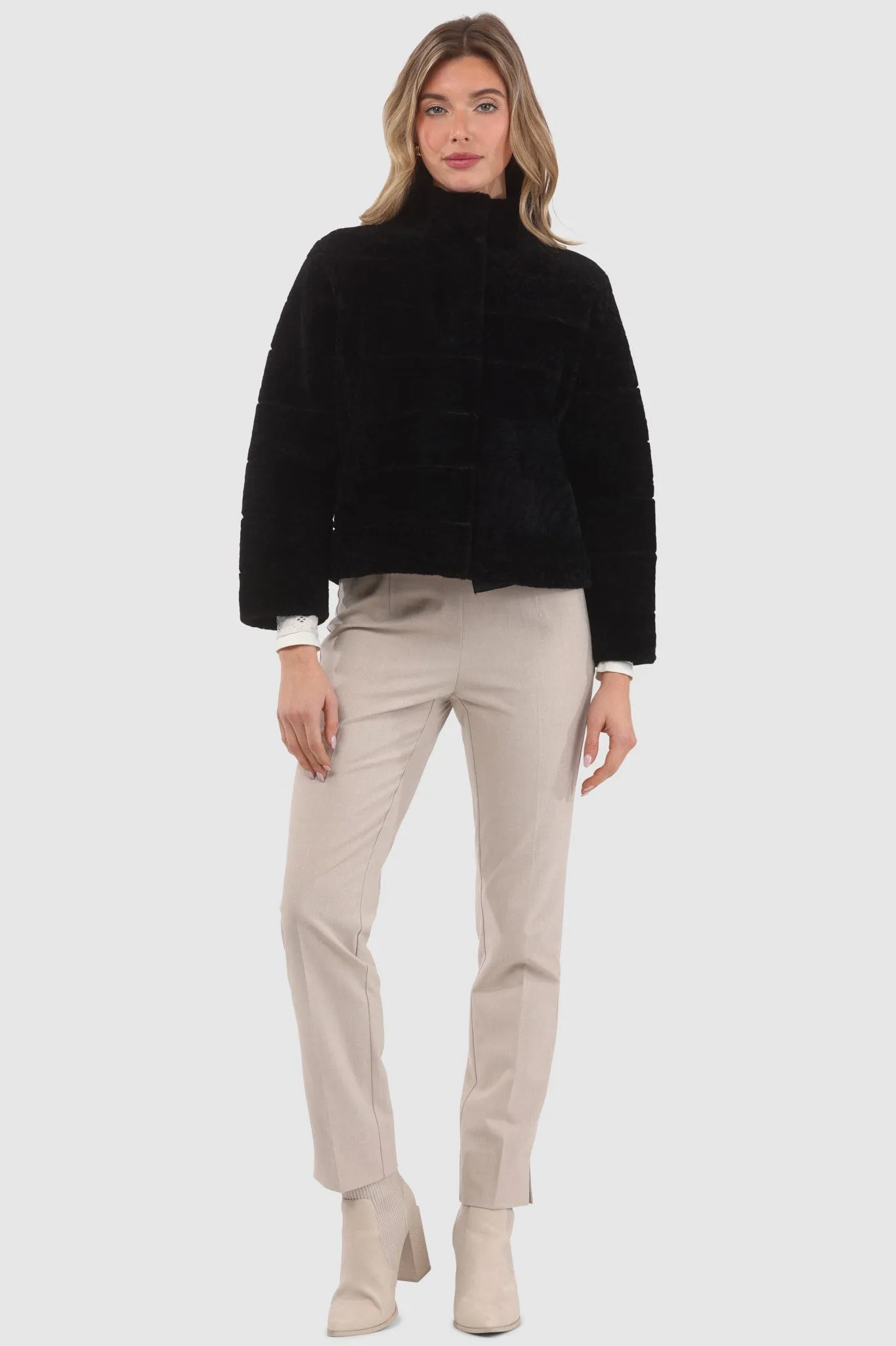 Reversible Textured Shearling Lamb Jacket with Cropped Sleeves