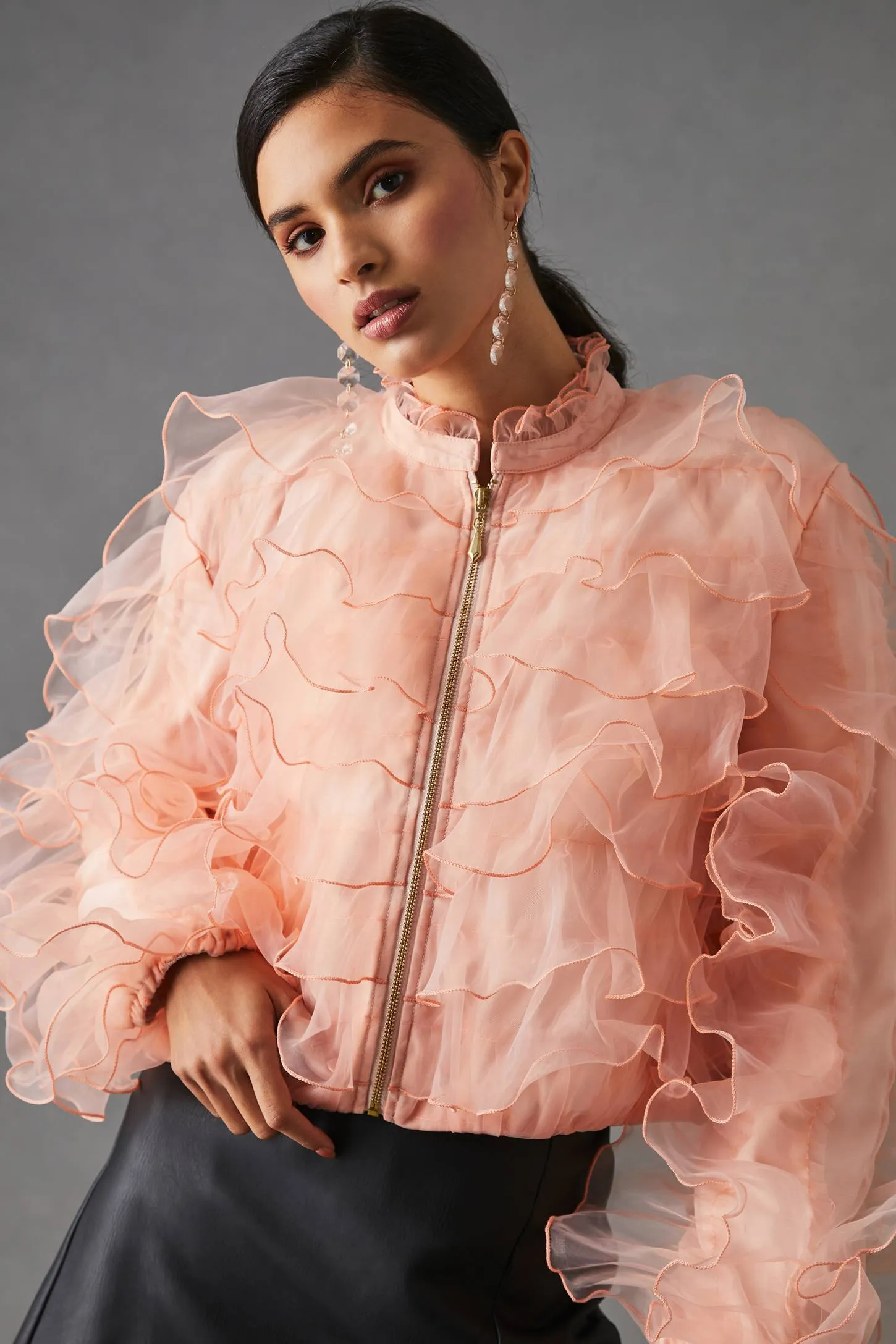 Ruffled Organza Bomber Jacket