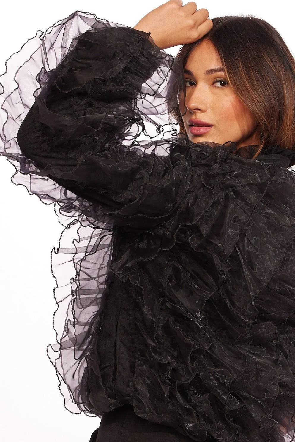 Ruffled Organza Bomber Jacket