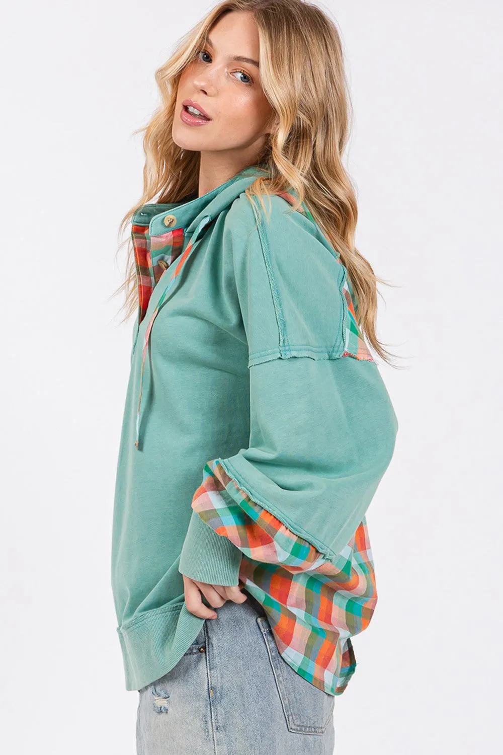 SAGE   FIG Full Size Plaid Print Washed Hoodie