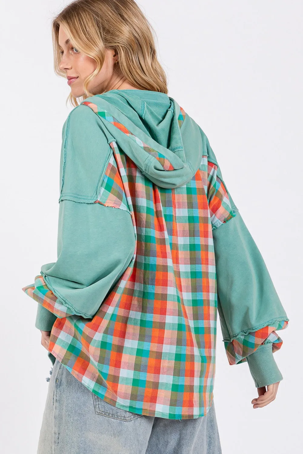 SAGE   FIG Full Size Plaid Print Washed Hoodie