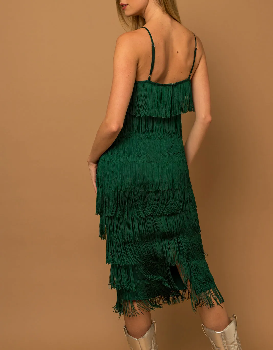 Salsa Girl All Over Fringe Midi Dress in Hunter Green