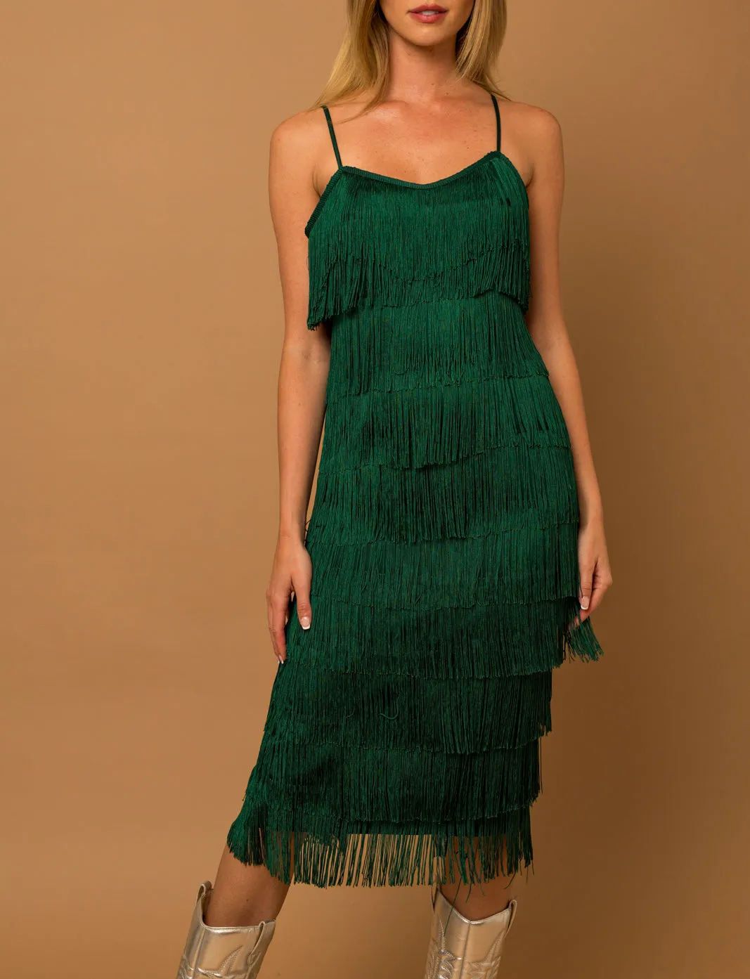 Salsa Girl All Over Fringe Midi Dress in Hunter Green