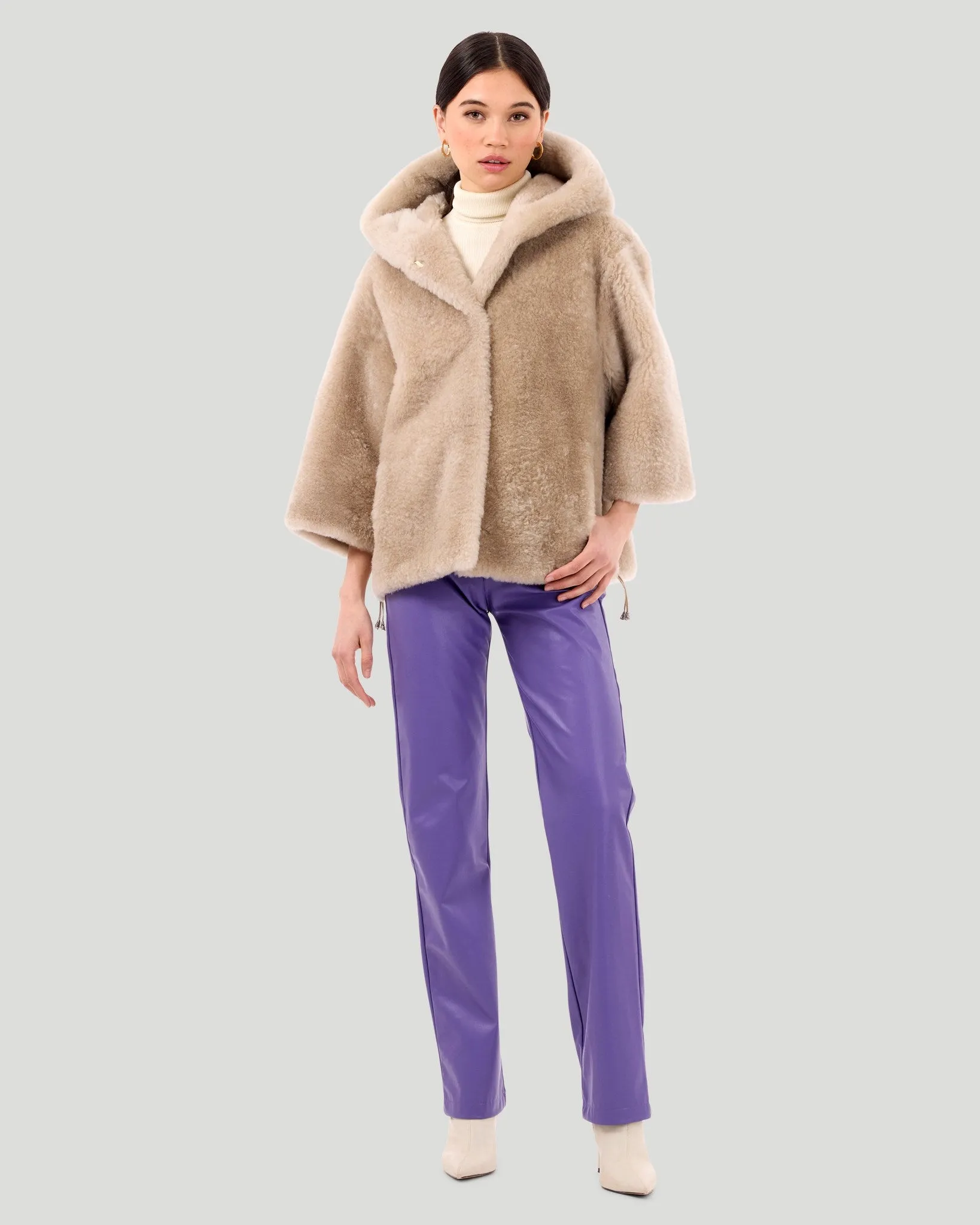 Select Cashmere Goat Hooded Jacket with Cropped Sleeves