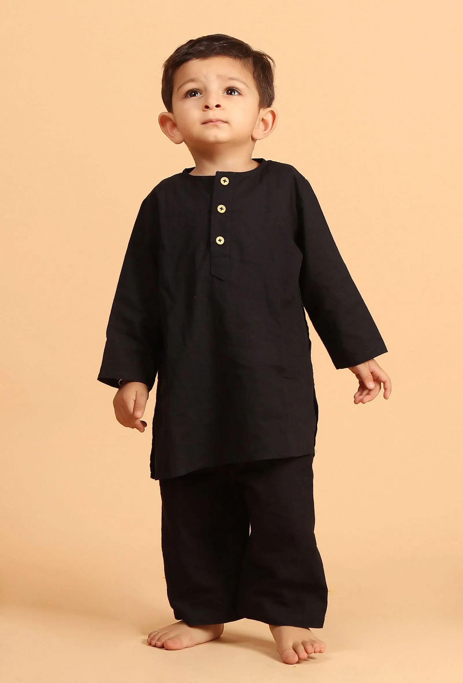 Set of 3: Kiaan Black Cotton Kurta, Pyjama & Ajrakh Print Nehru Jacket