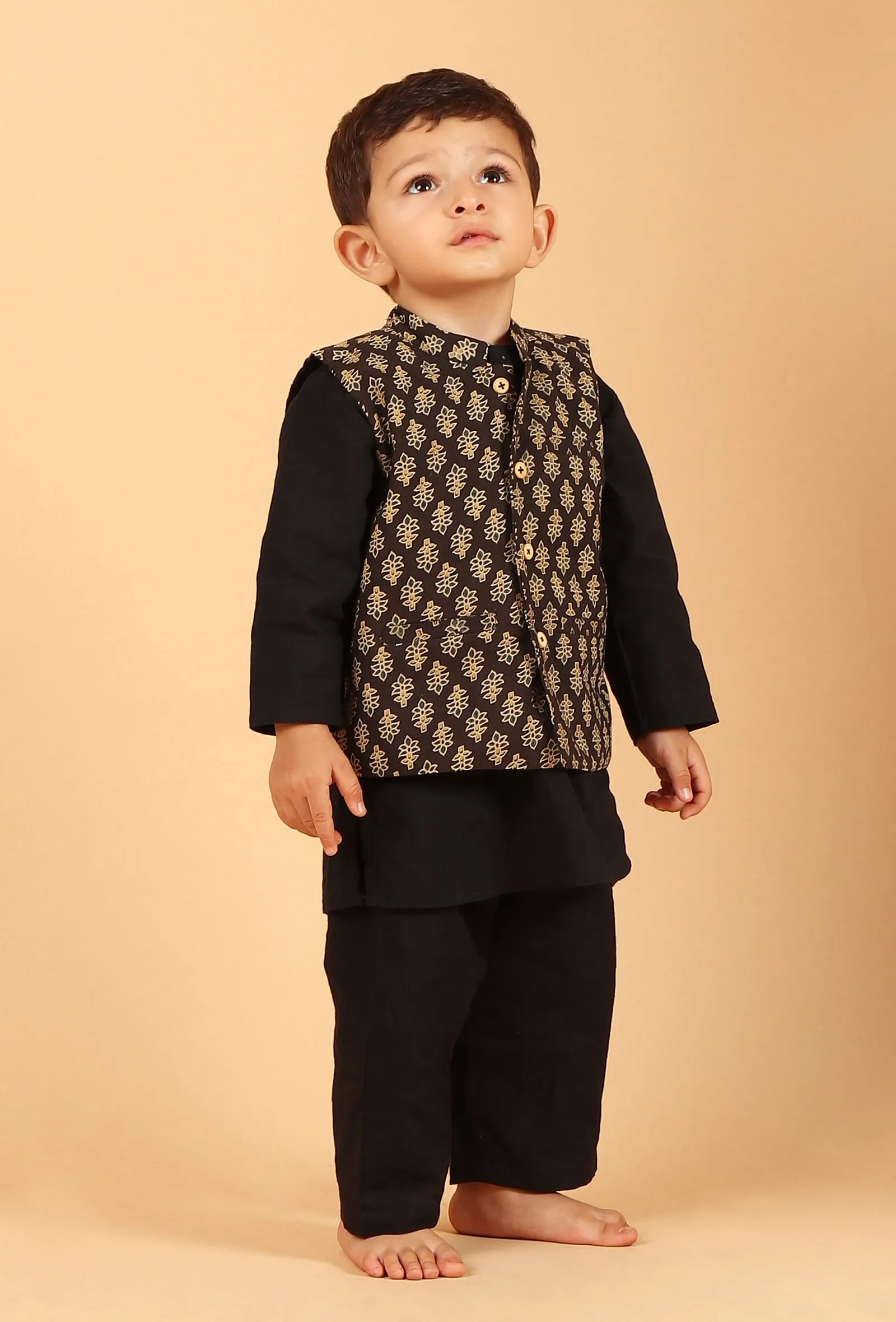 Set of 3: Kiaan Black Cotton Kurta, Pyjama & Ajrakh Print Nehru Jacket