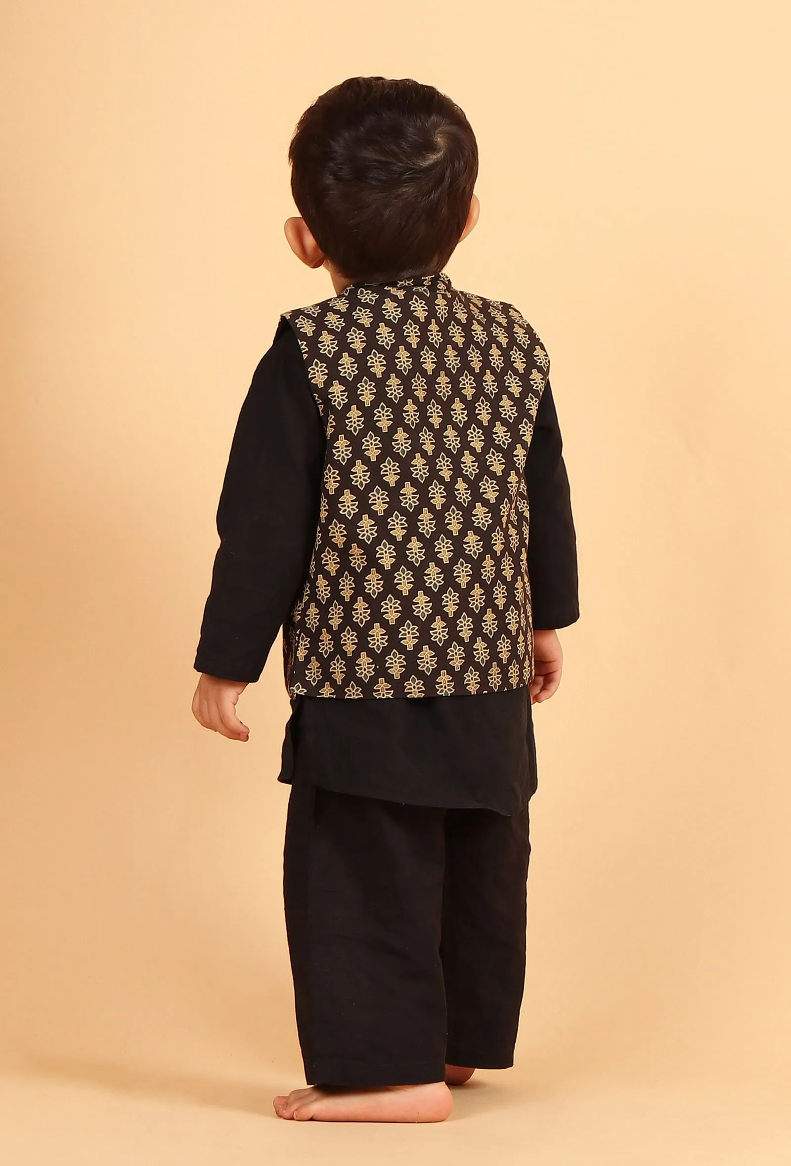 Set of 3: Kiaan Black Cotton Kurta, Pyjama & Ajrakh Print Nehru Jacket