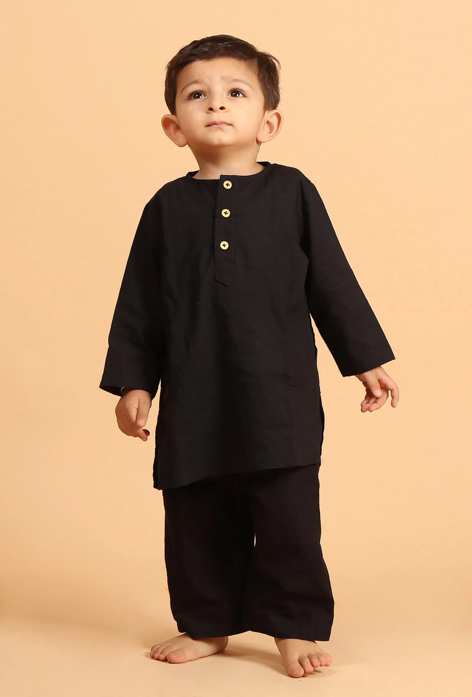 Set Of 3: Rafi Black Cotton Kurta, Pyjama & Indigo Ajrakh Print Nehru Jacket