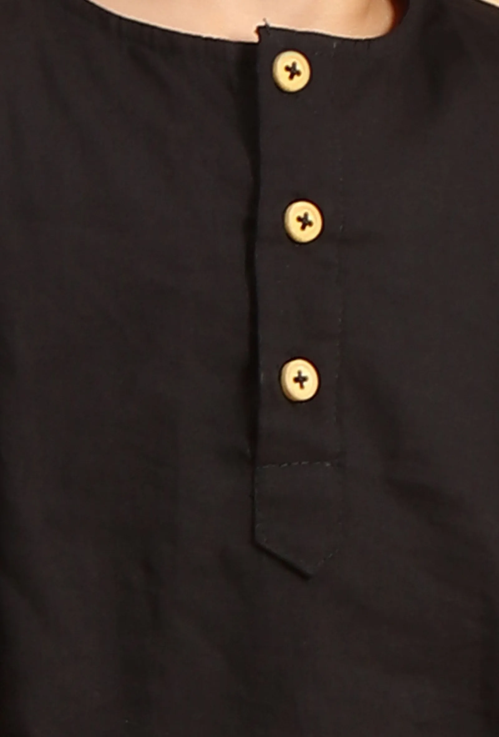 Set Of 3: Rafi Black Cotton Kurta, Pyjama & Indigo Ajrakh Print Nehru Jacket