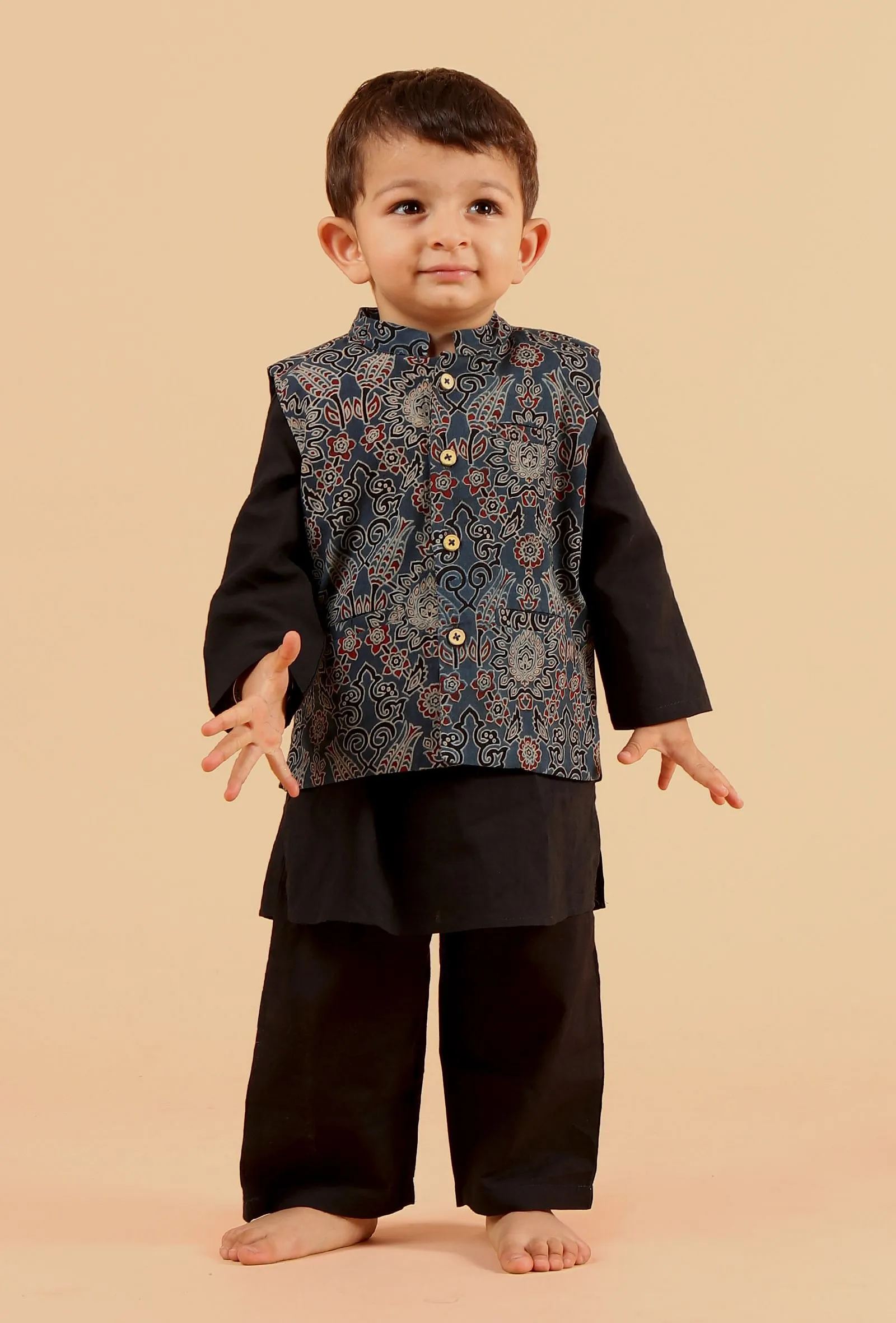 Set Of 3: Rafi Black Cotton Kurta, Pyjama & Indigo Ajrakh Print Nehru Jacket