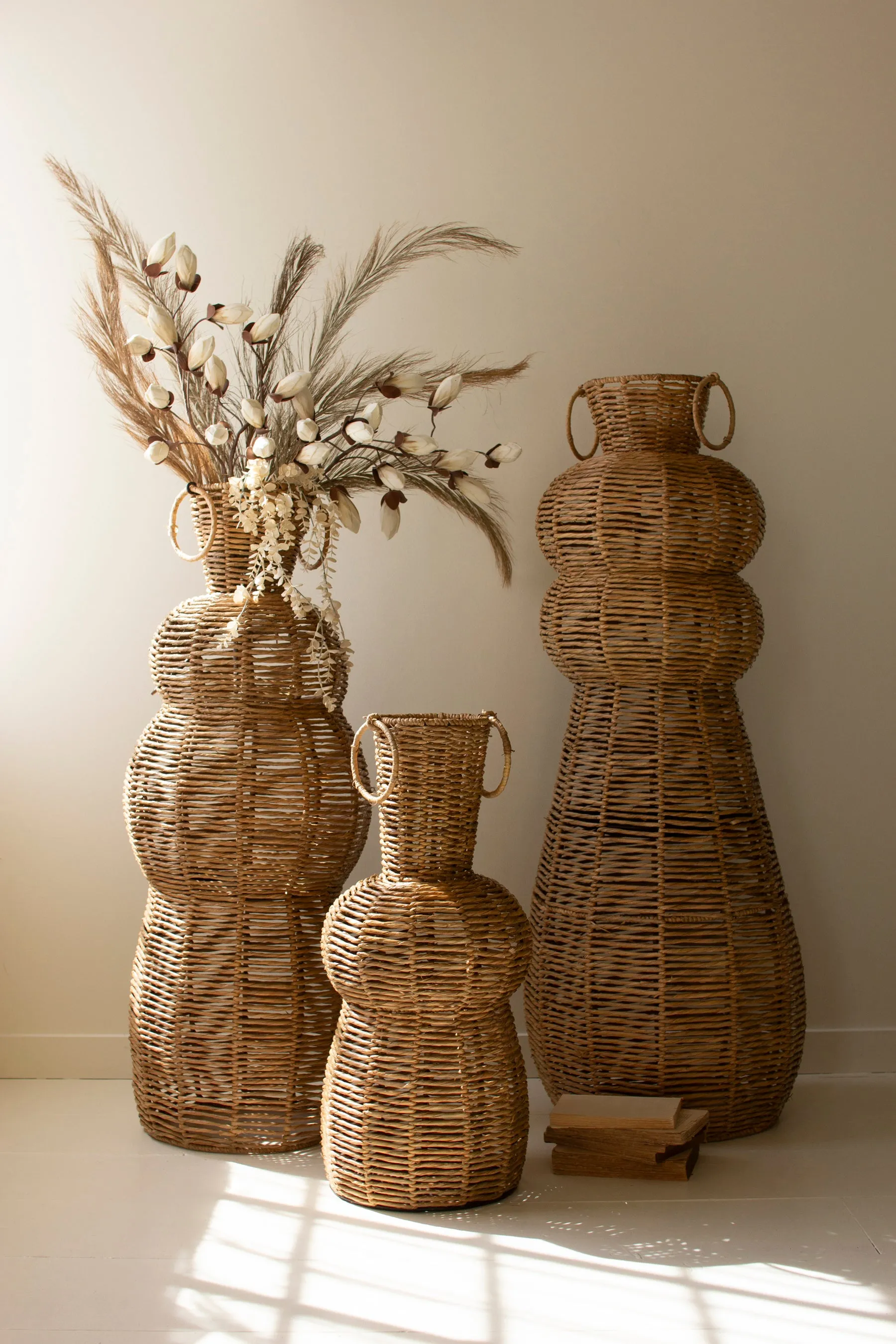 Set Of Three Woven Seagrass And Iron Floor Vases