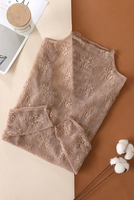 Sheer Lace Long Sleeve Top | Coffee