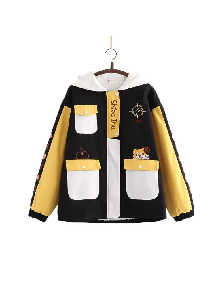 Shiba Inu Embroidery Harajuku Kawaii Women Hooded Quilted Coats Winter Long Sleeve Ladies Cotton Liner Jackets Outwears