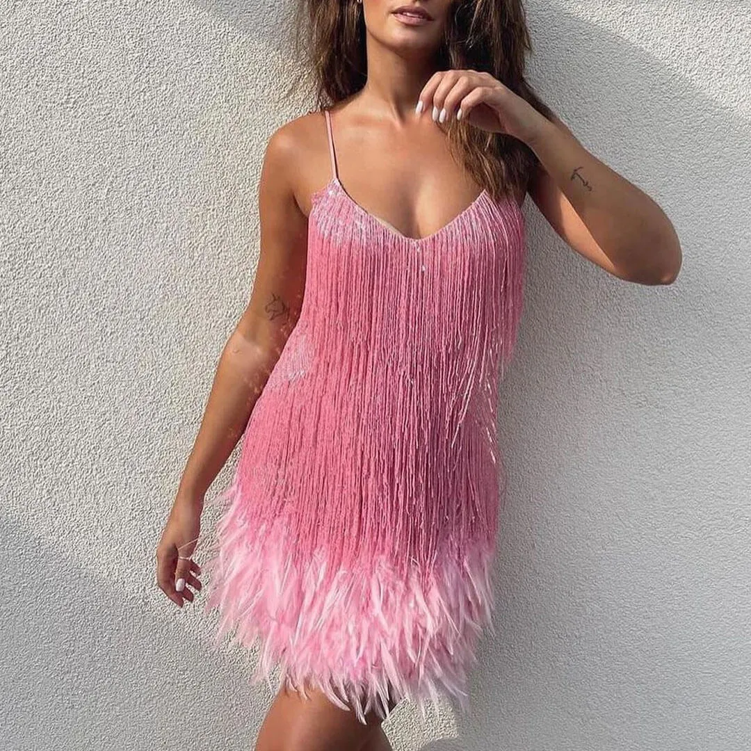 Shimmery Scoop Neck Sequin Fringe Feather Slip Flapper Mini Dress - Pink